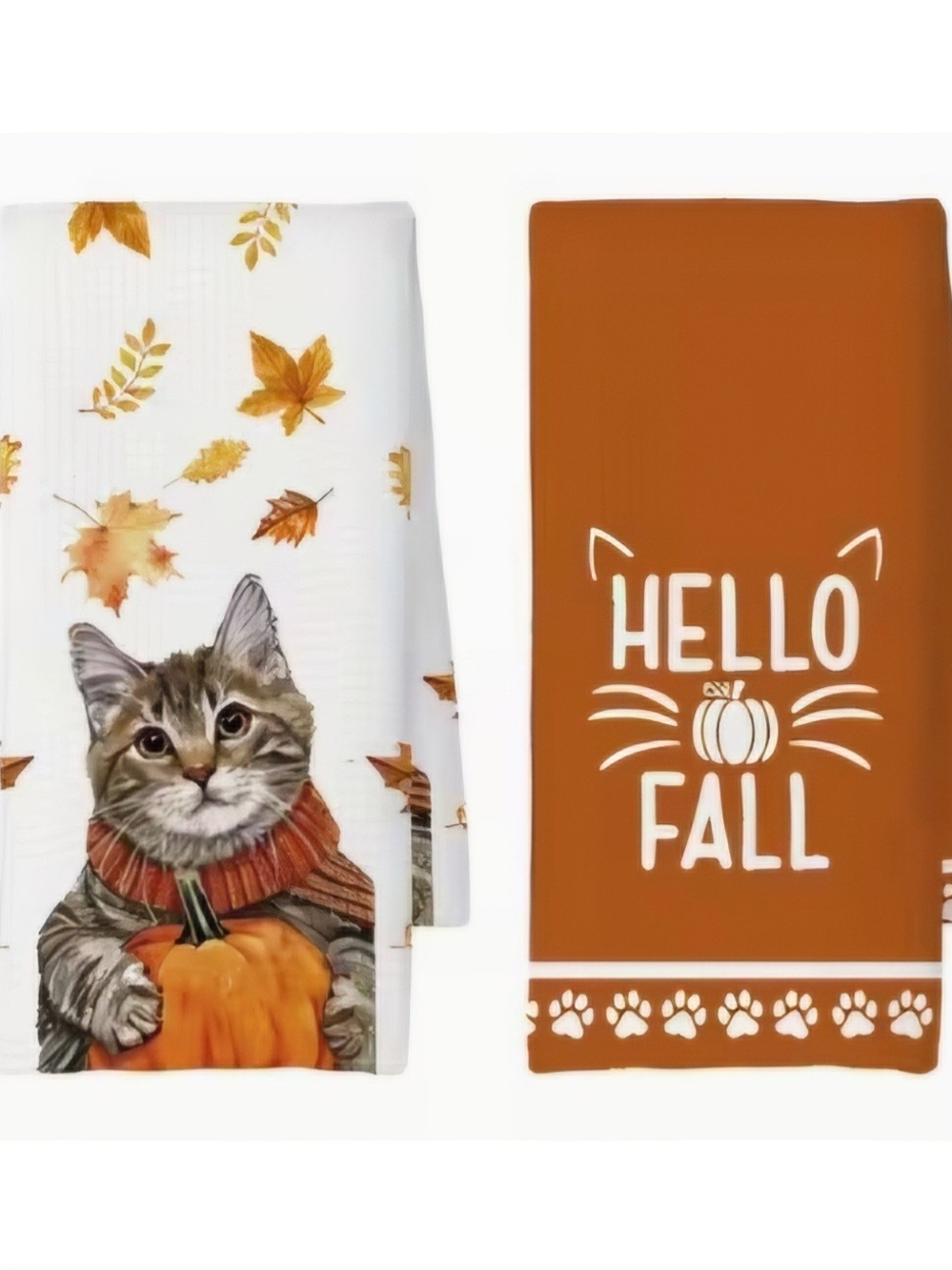 Fall Cat Kitchen Towel Set - Hello Fall Pumpkin Design
